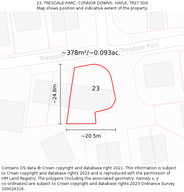 23, TRESDALE PARC, CONNOR DOWNS, HAYLE, TR27 5DX: Plot and title map