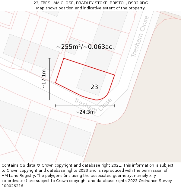 23, TRESHAM CLOSE, BRADLEY STOKE, BRISTOL, BS32 0DG: Plot and title map