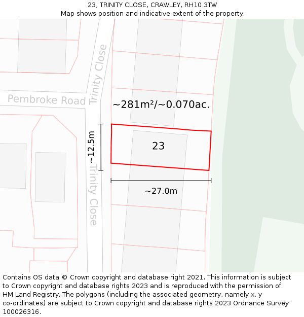 23, TRINITY CLOSE, CRAWLEY, RH10 3TW: Plot and title map