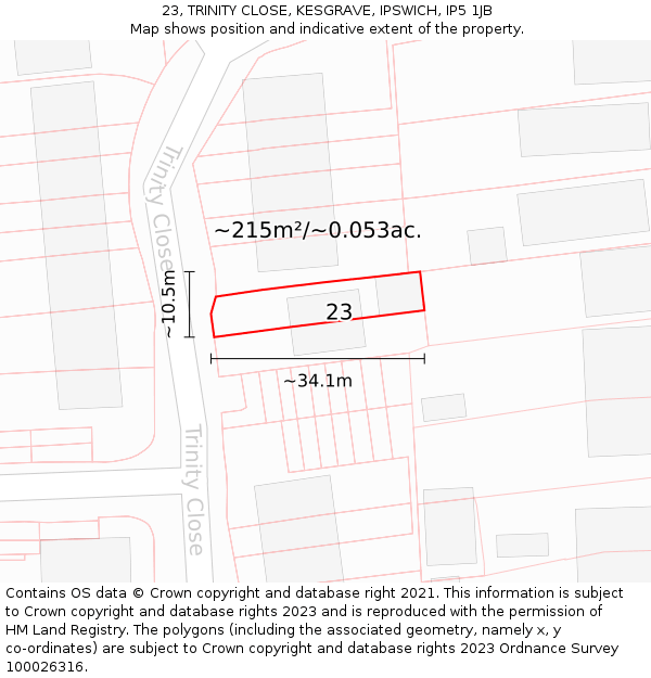 23, TRINITY CLOSE, KESGRAVE, IPSWICH, IP5 1JB: Plot and title map