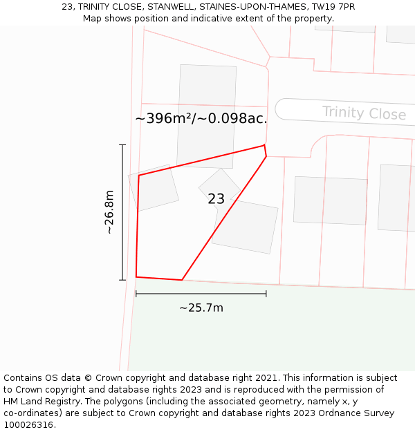 23, TRINITY CLOSE, STANWELL, STAINES-UPON-THAMES, TW19 7PR: Plot and title map