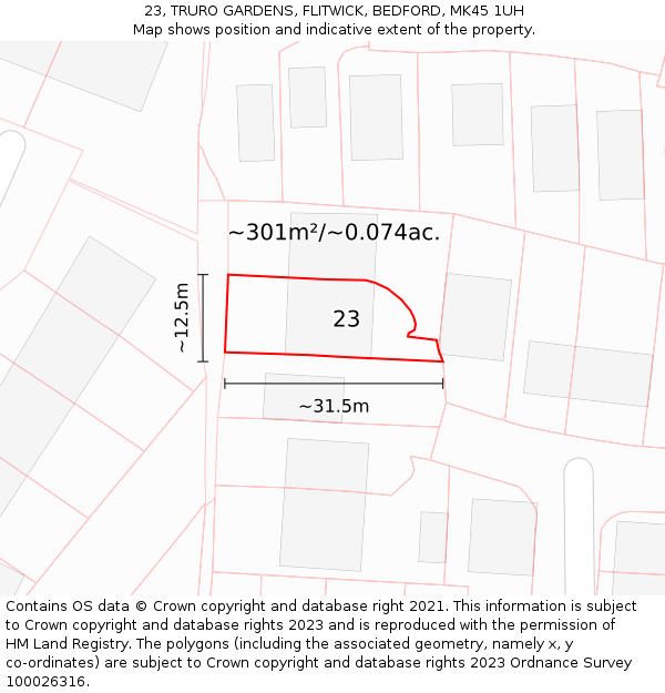 23, TRURO GARDENS, FLITWICK, BEDFORD, MK45 1UH: Plot and title map