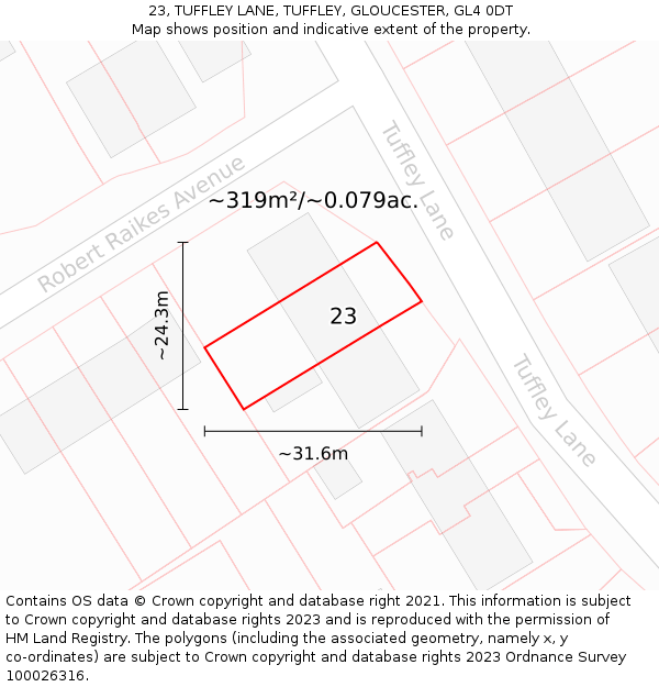 23, TUFFLEY LANE, TUFFLEY, GLOUCESTER, GL4 0DT: Plot and title map