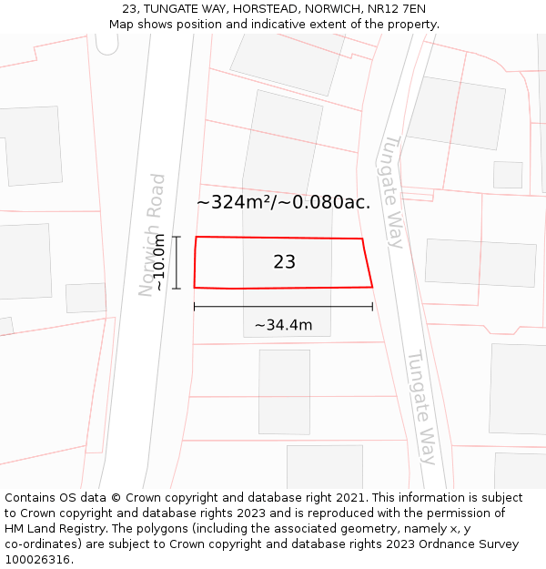 23, TUNGATE WAY, HORSTEAD, NORWICH, NR12 7EN: Plot and title map