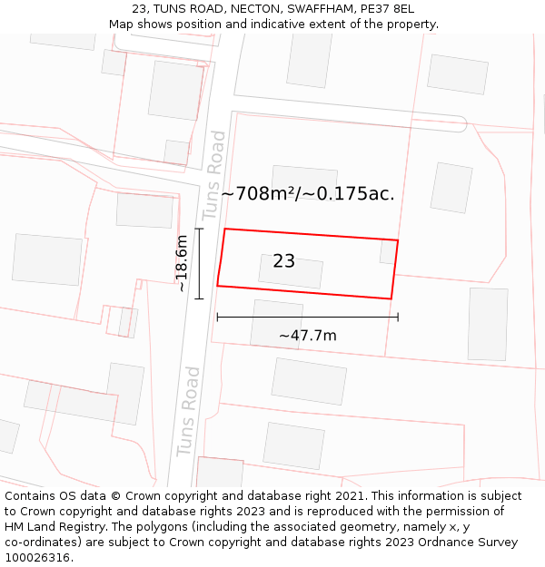 23, TUNS ROAD, NECTON, SWAFFHAM, PE37 8EL: Plot and title map