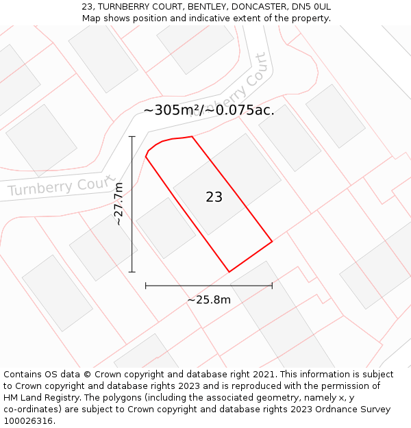 23, TURNBERRY COURT, BENTLEY, DONCASTER, DN5 0UL: Plot and title map