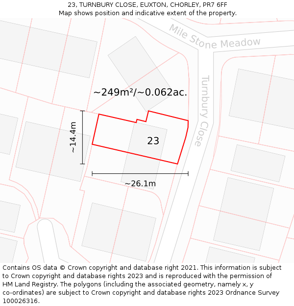 23, TURNBURY CLOSE, EUXTON, CHORLEY, PR7 6FF: Plot and title map