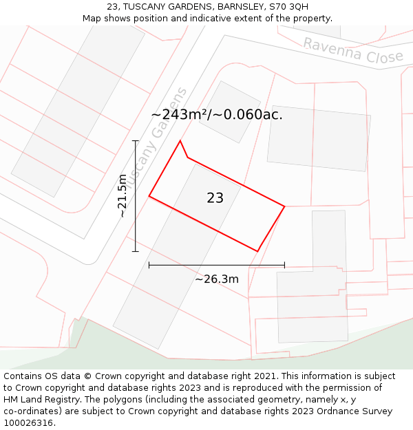 23, TUSCANY GARDENS, BARNSLEY, S70 3QH: Plot and title map