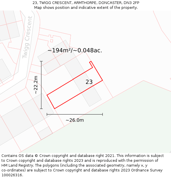 23, TWIGG CRESCENT, ARMTHORPE, DONCASTER, DN3 2FP: Plot and title map