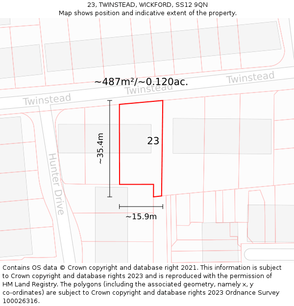 23, TWINSTEAD, WICKFORD, SS12 9QN: Plot and title map