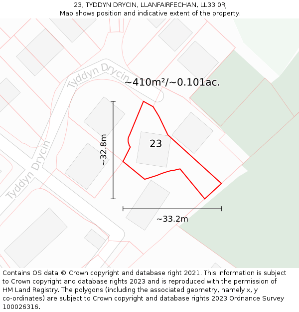 23, TYDDYN DRYCIN, LLANFAIRFECHAN, LL33 0RJ: Plot and title map