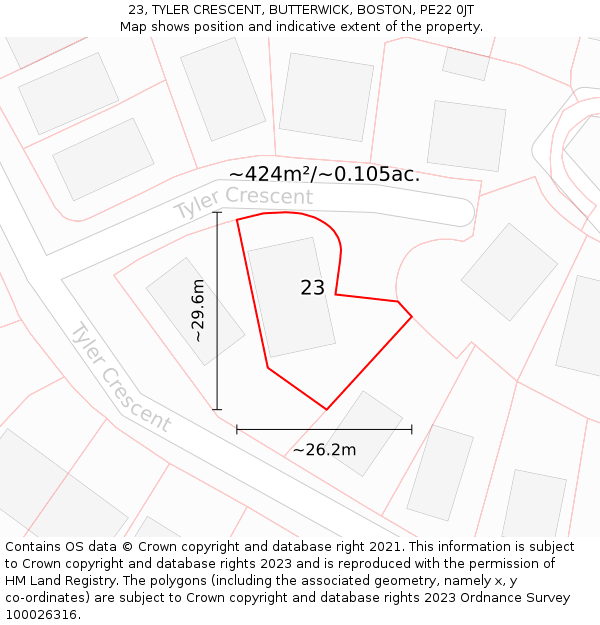 23, TYLER CRESCENT, BUTTERWICK, BOSTON, PE22 0JT: Plot and title map