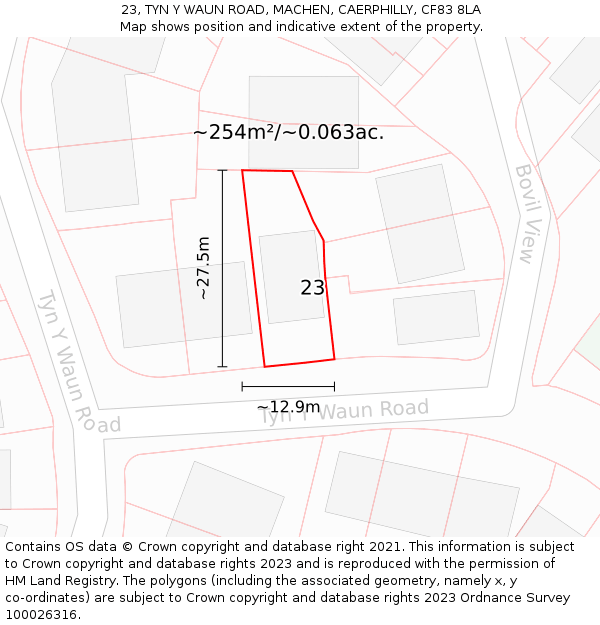 23, TYN Y WAUN ROAD, MACHEN, CAERPHILLY, CF83 8LA: Plot and title map