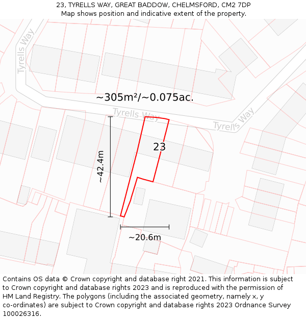 23, TYRELLS WAY, GREAT BADDOW, CHELMSFORD, CM2 7DP: Plot and title map