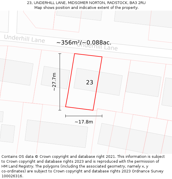 23, UNDERHILL LANE, MIDSOMER NORTON, RADSTOCK, BA3 2RU: Plot and title map