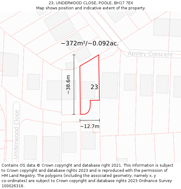 23, UNDERWOOD CLOSE, POOLE, BH17 7EX: Plot and title map