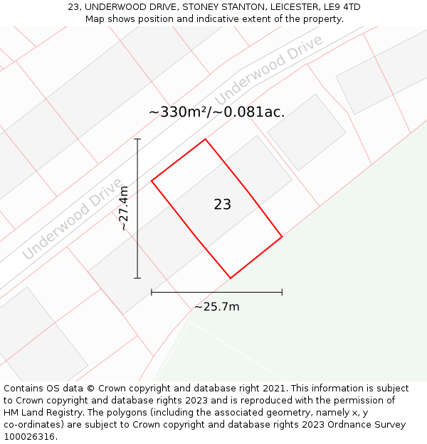 23, UNDERWOOD DRIVE, STONEY STANTON, LEICESTER, LE9 4TD: Plot and title map