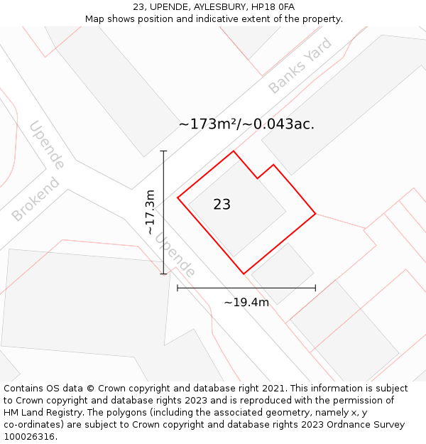 23, UPENDE, AYLESBURY, HP18 0FA: Plot and title map