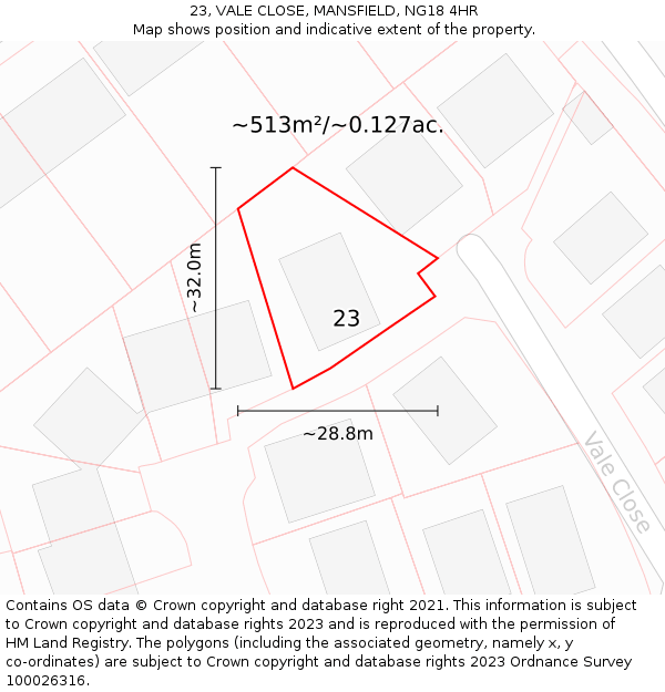 23, VALE CLOSE, MANSFIELD, NG18 4HR: Plot and title map