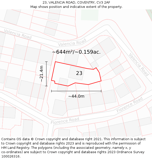 23, VALENCIA ROAD, COVENTRY, CV3 2AF: Plot and title map