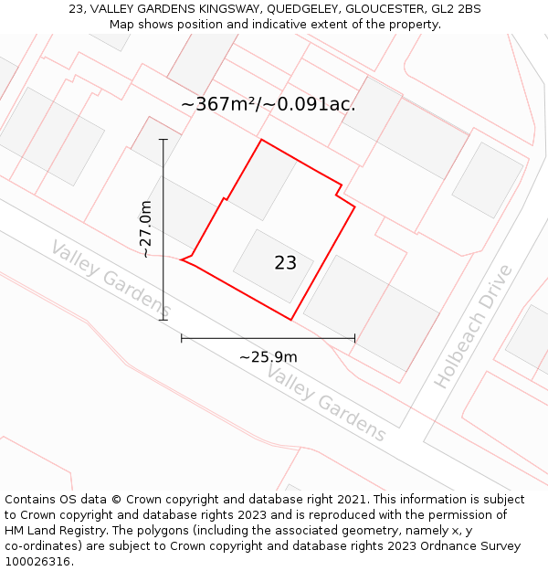 23, VALLEY GARDENS KINGSWAY, QUEDGELEY, GLOUCESTER, GL2 2BS: Plot and title map