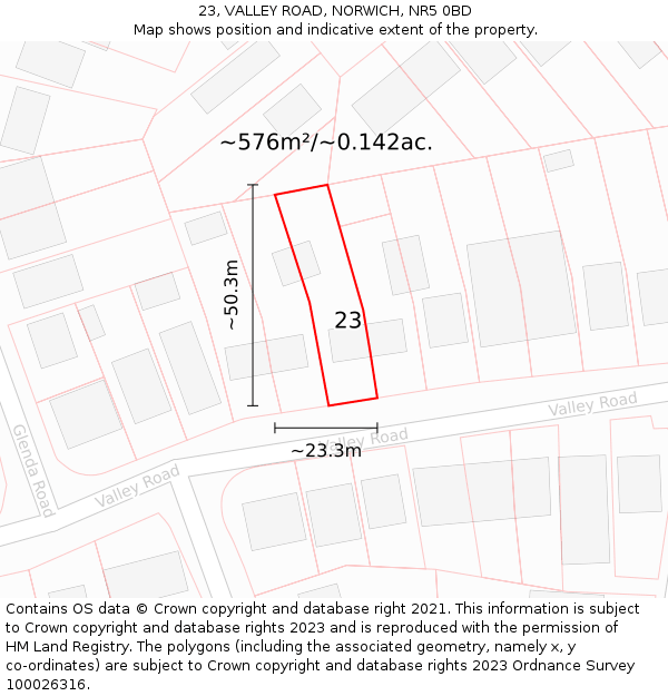 23, VALLEY ROAD, NORWICH, NR5 0BD: Plot and title map