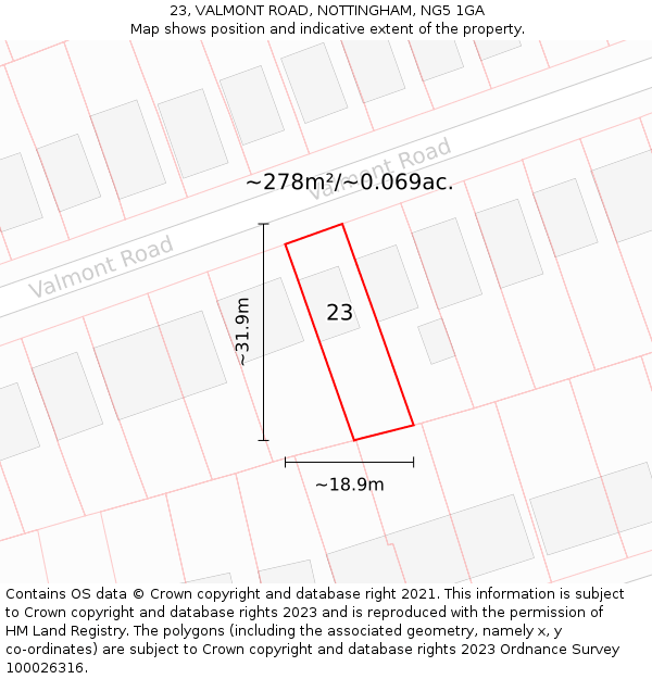 23, VALMONT ROAD, NOTTINGHAM, NG5 1GA: Plot and title map