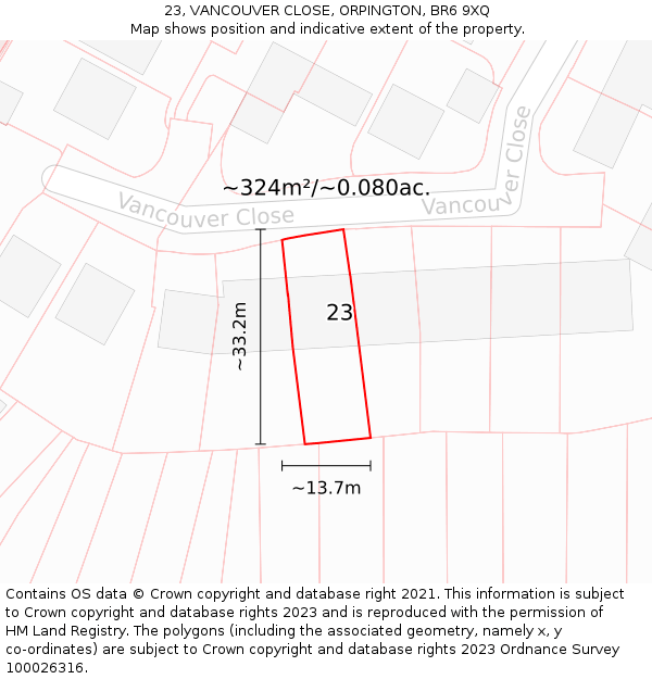 23, VANCOUVER CLOSE, ORPINGTON, BR6 9XQ: Plot and title map