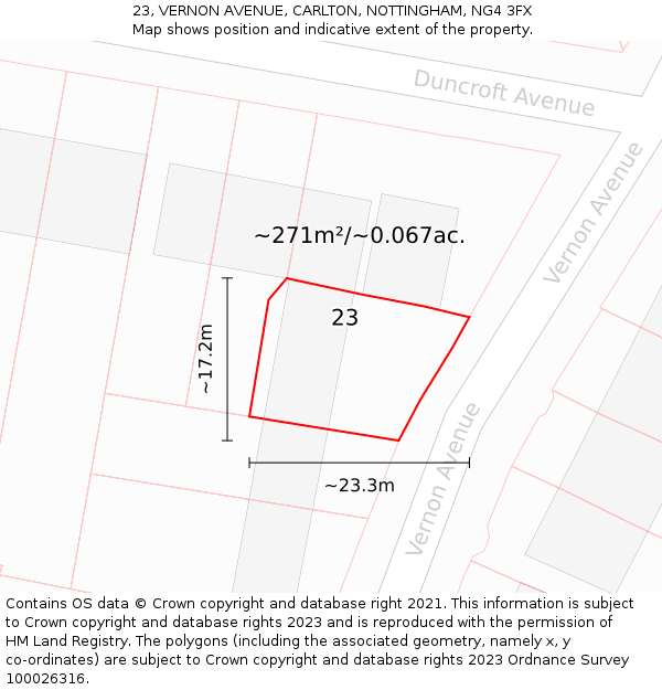 23, VERNON AVENUE, CARLTON, NOTTINGHAM, NG4 3FX: Plot and title map