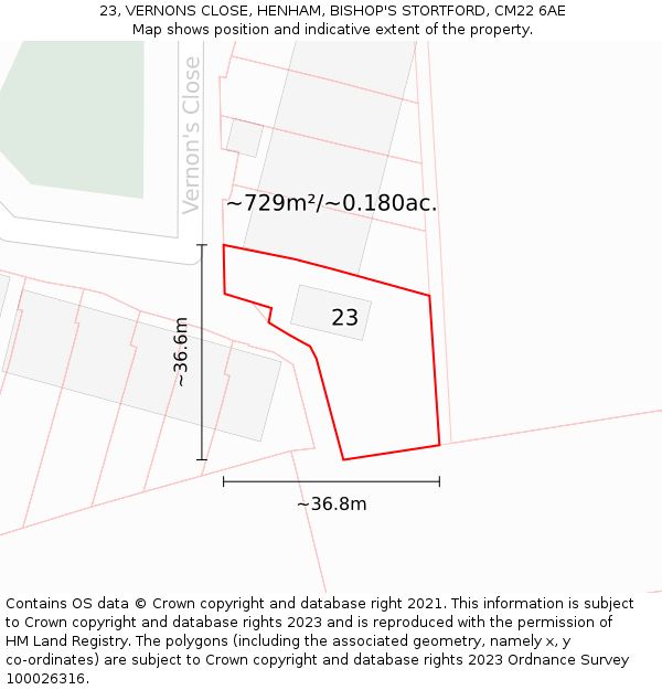 23, VERNONS CLOSE, HENHAM, BISHOP'S STORTFORD, CM22 6AE: Plot and title map