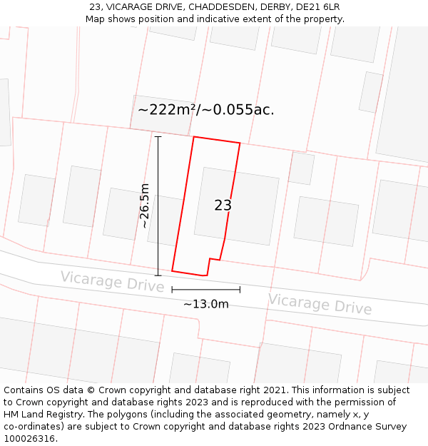 23, VICARAGE DRIVE, CHADDESDEN, DERBY, DE21 6LR: Plot and title map