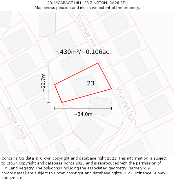 23, VICARAGE HILL, FRIZINGTON, CA26 3TH: Plot and title map