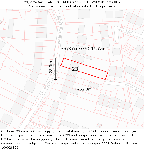 23, VICARAGE LANE, GREAT BADDOW, CHELMSFORD, CM2 8HY: Plot and title map