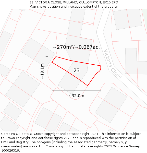 23, VICTORIA CLOSE, WILLAND, CULLOMPTON, EX15 2PD: Plot and title map