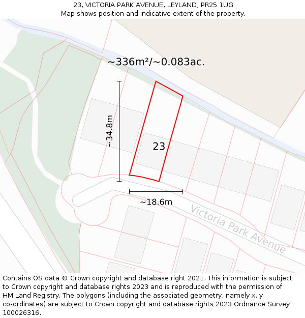 23, VICTORIA PARK AVENUE, LEYLAND, PR25 1UG: Plot and title map