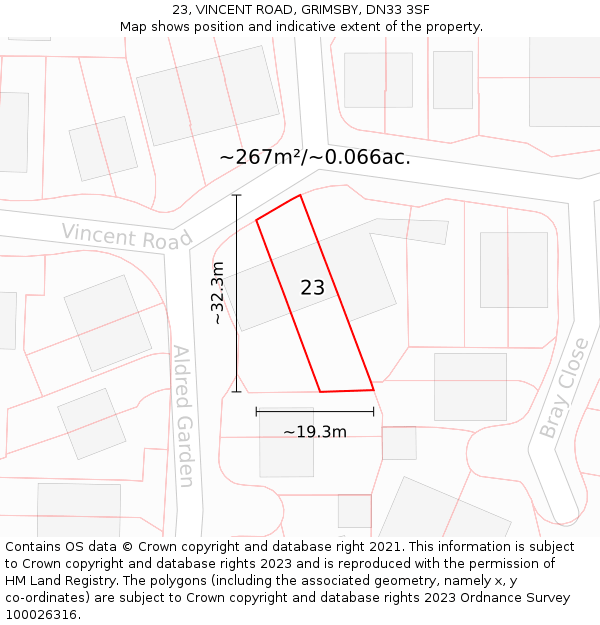 23, VINCENT ROAD, GRIMSBY, DN33 3SF: Plot and title map