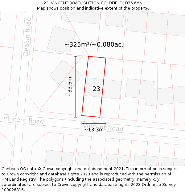 23, VINCENT ROAD, SUTTON COLDFIELD, B75 6AN: Plot and title map