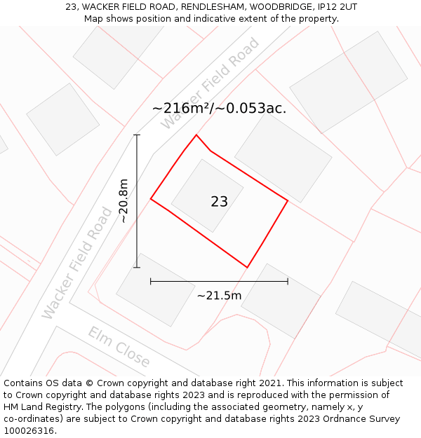 23, WACKER FIELD ROAD, RENDLESHAM, WOODBRIDGE, IP12 2UT: Plot and title map