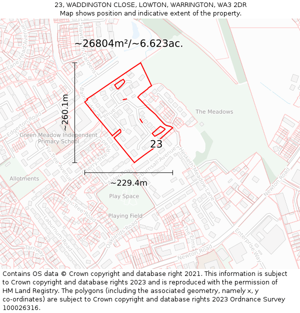 23, WADDINGTON CLOSE, LOWTON, WARRINGTON, WA3 2DR: Plot and title map