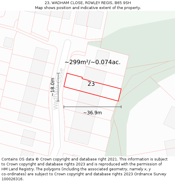23, WADHAM CLOSE, ROWLEY REGIS, B65 9SH: Plot and title map