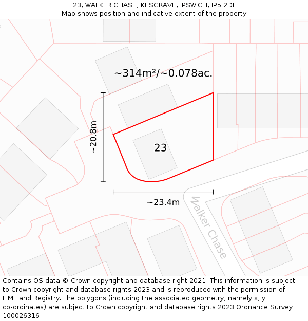 23, WALKER CHASE, KESGRAVE, IPSWICH, IP5 2DF: Plot and title map