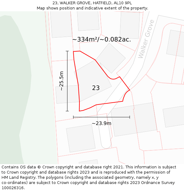 23, WALKER GROVE, HATFIELD, AL10 9PL: Plot and title map