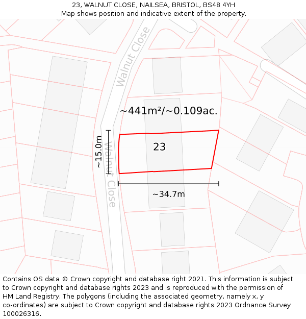 23, WALNUT CLOSE, NAILSEA, BRISTOL, BS48 4YH: Plot and title map