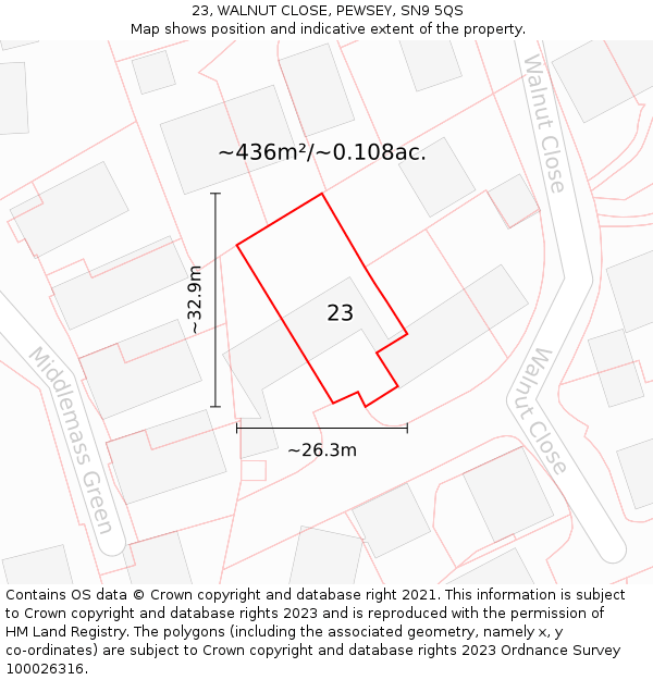 23, WALNUT CLOSE, PEWSEY, SN9 5QS: Plot and title map