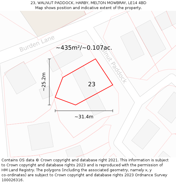 23, WALNUT PADDOCK, HARBY, MELTON MOWBRAY, LE14 4BD: Plot and title map