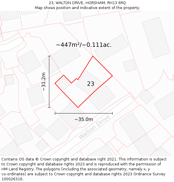 23, WALTON DRIVE, HORSHAM, RH13 6RQ: Plot and title map