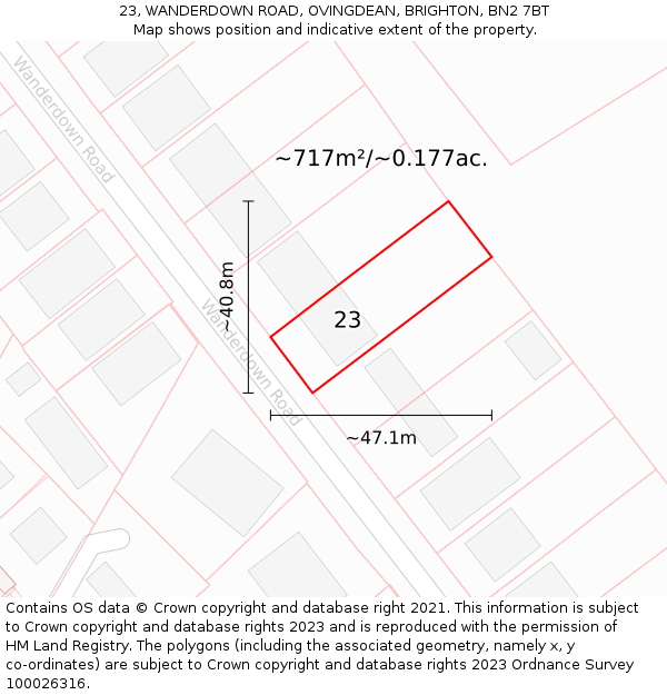 23, WANDERDOWN ROAD, OVINGDEAN, BRIGHTON, BN2 7BT: Plot and title map
