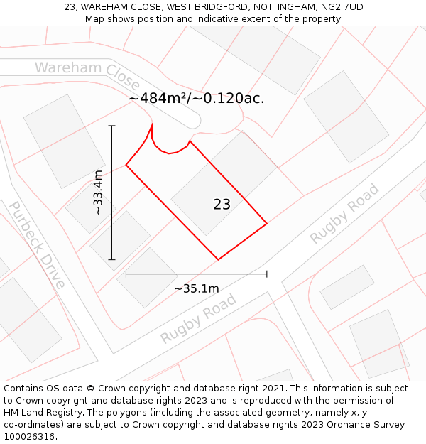 23, WAREHAM CLOSE, WEST BRIDGFORD, NOTTINGHAM, NG2 7UD: Plot and title map