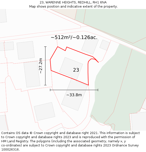 23, WARENNE HEIGHTS, REDHILL, RH1 6NA: Plot and title map