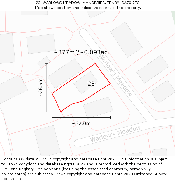 23, WARLOWS MEADOW, MANORBIER, TENBY, SA70 7TG: Plot and title map
